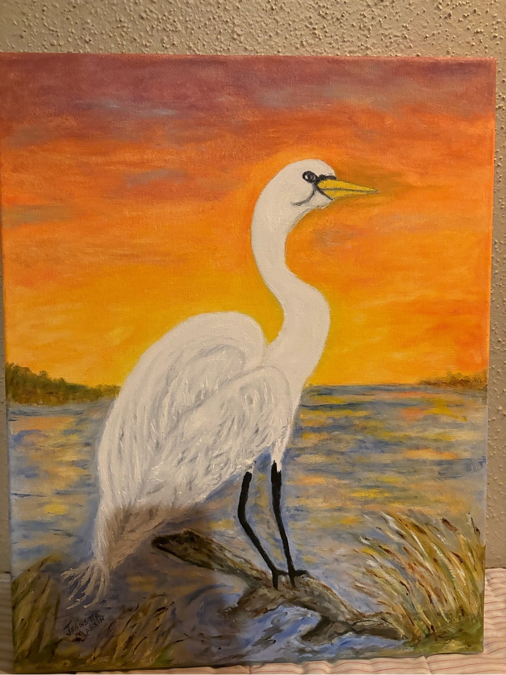 Original White Egret Bird Art Canvas Oil - Bird Decor
